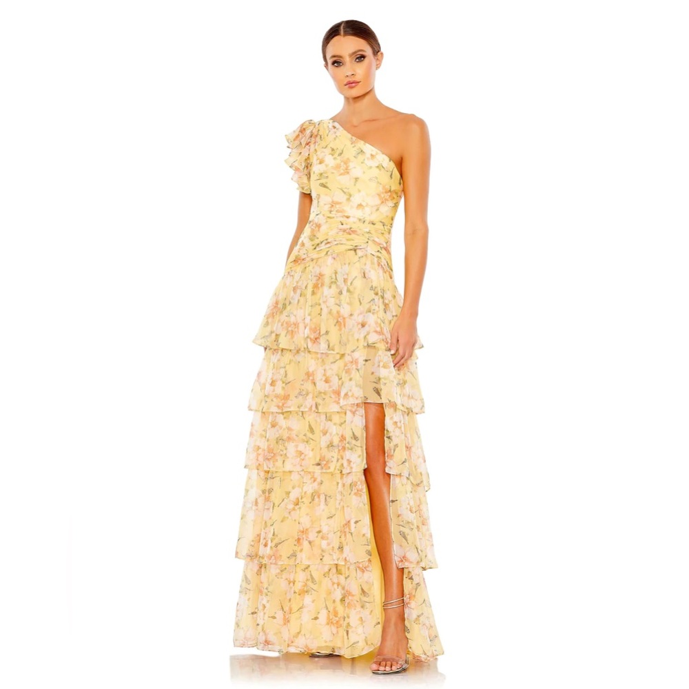 Ieena for Mac Duggal Floral Print Ruffle Tiered one shoulder dress, Size 10!